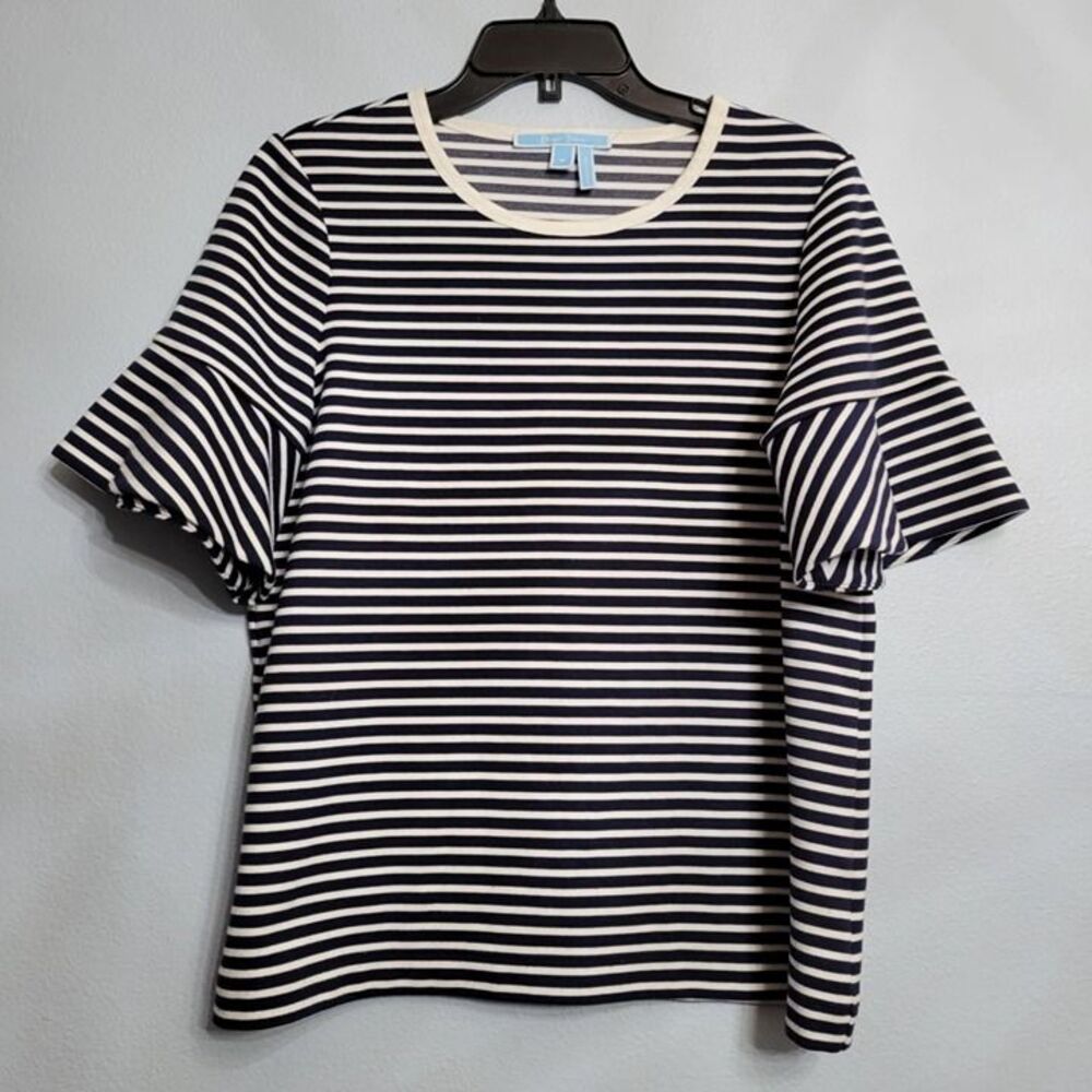 Draper James Sailor Stripe Ruffle Ponte Shirt Navy White Nautical Sz Medium
